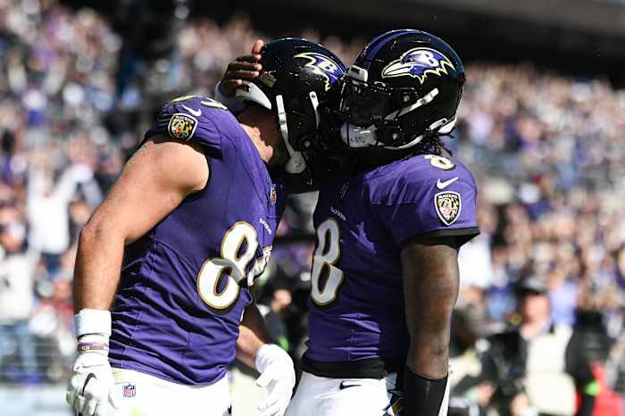 Oct 22, 2023; Baltimore, Maryland, USA; Baltimore Ravens tight end Mark Andrews (89) celebrates with quarterback Lamar Jackson (8) after scoring a touchdown against the Detroit Lions at M&T Bank Stadium.